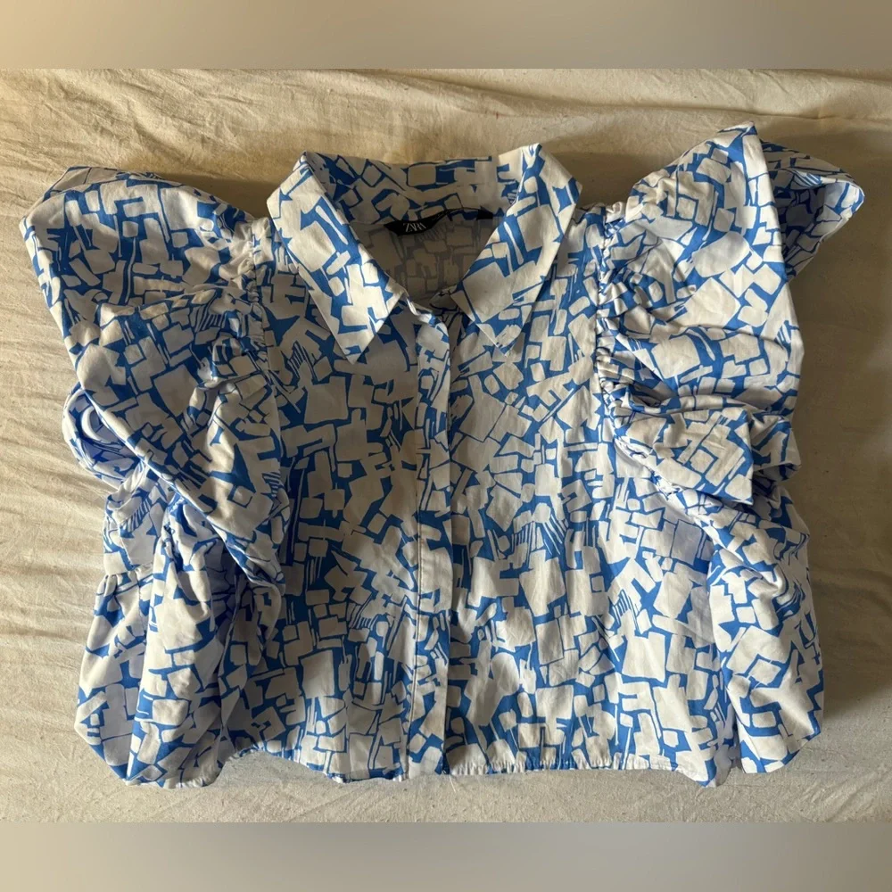 Zara Camisa Cropped Popelina Blue White Puff Sleeve Shirt Blouse Size S